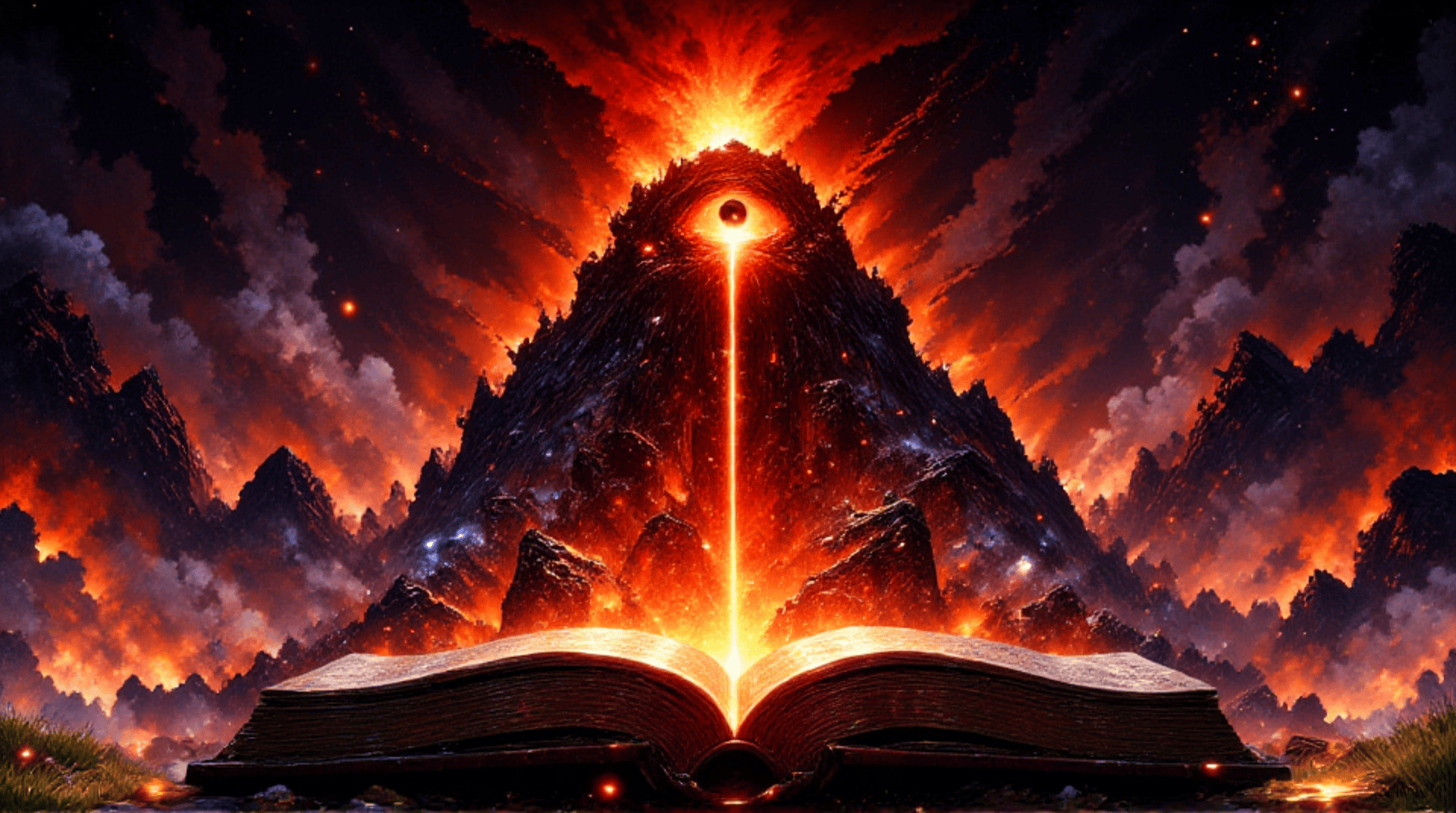 AI generated wallpaper featuring book, mountain, sun, stars, sky, clouds, light, lava, landscape, glow