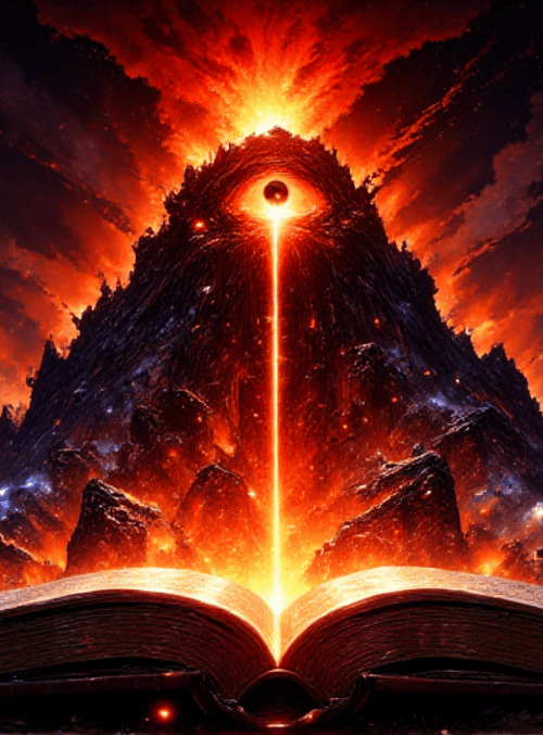 book, mountain, sun, stars, sky, clouds, light, lava, landscape, glow