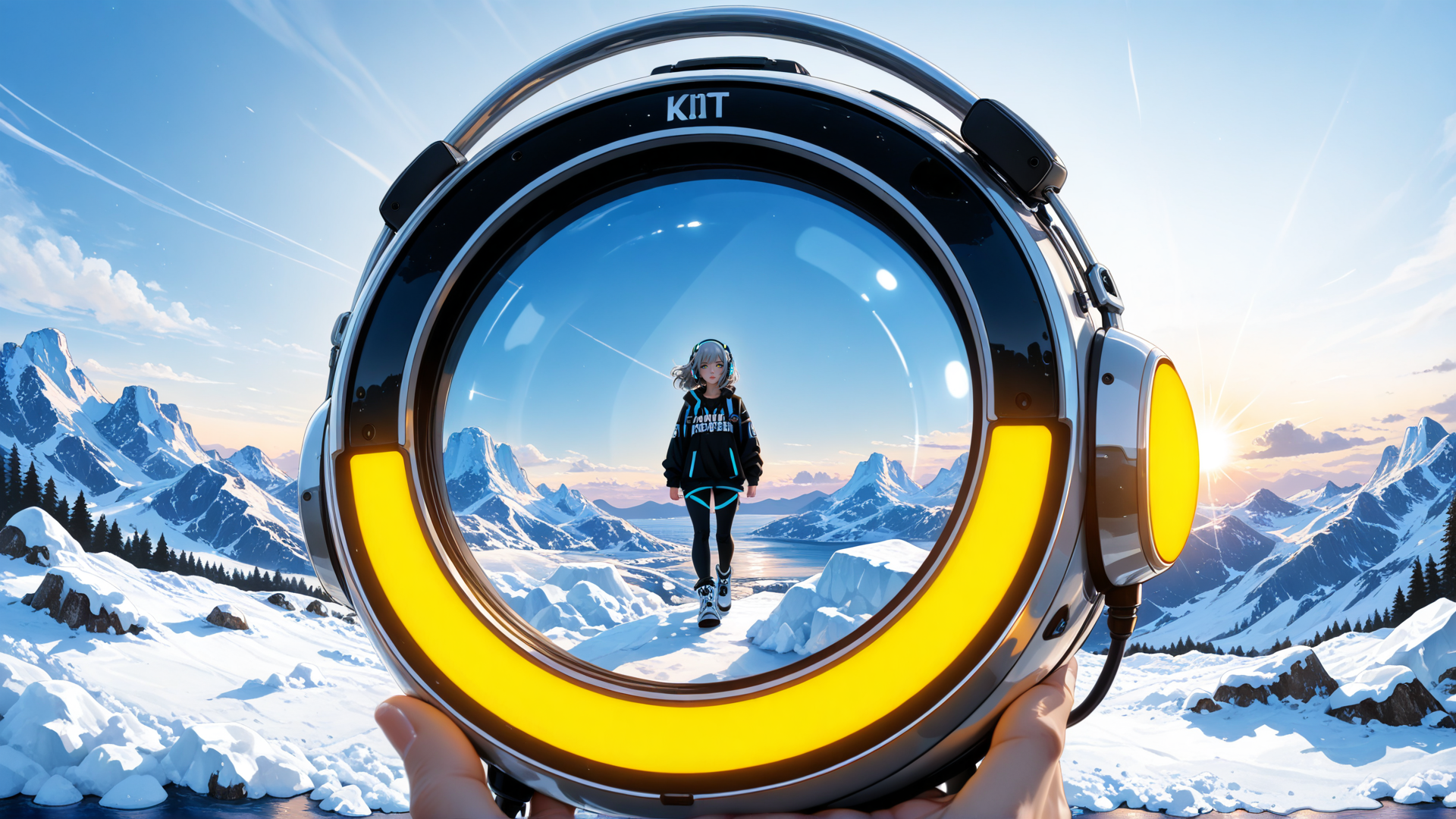 AI generated wallpaper featuring girl, headphones, mountains