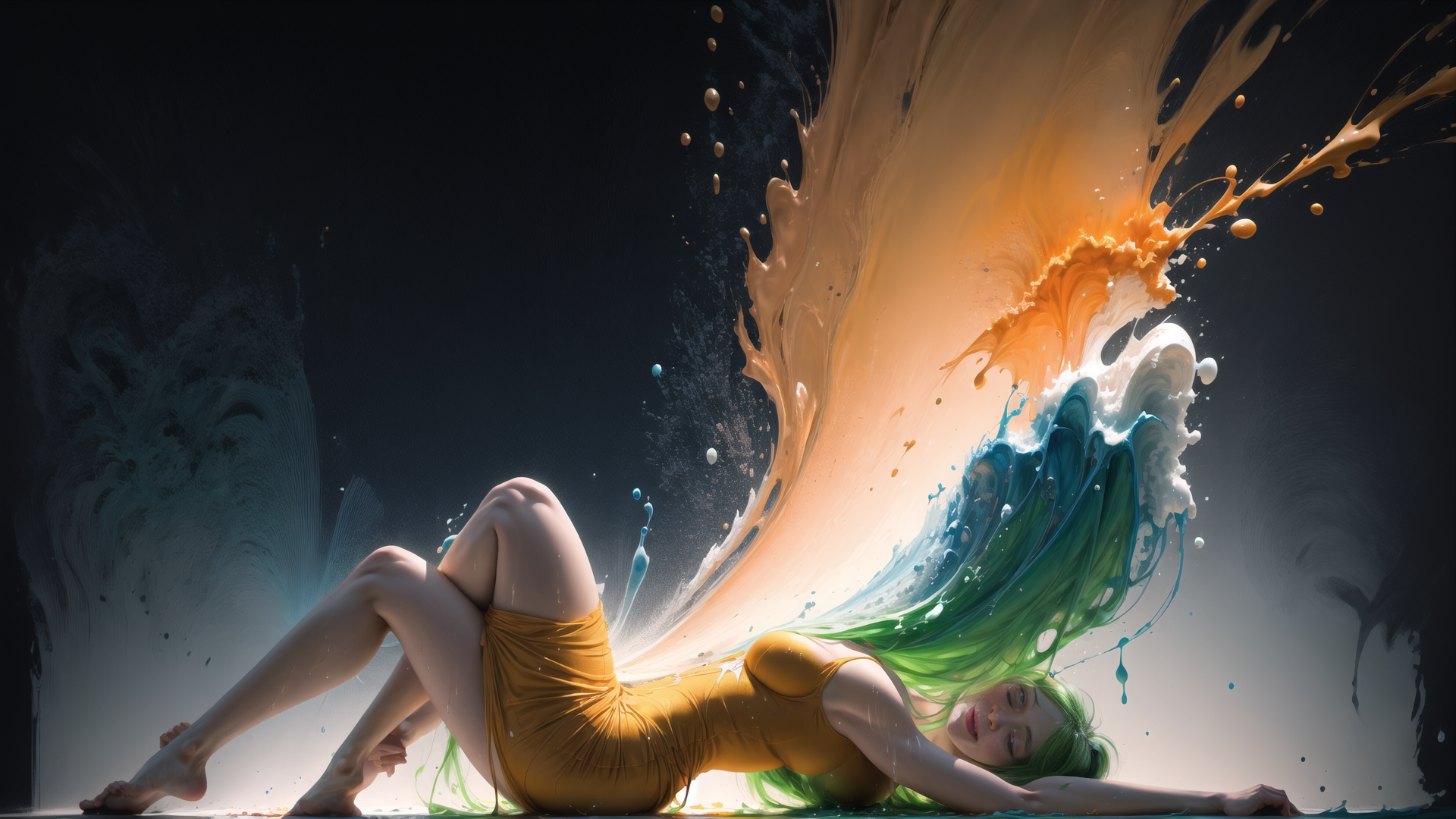 AI generated wallpaper featuring woman, splash, liquid, wave, paint