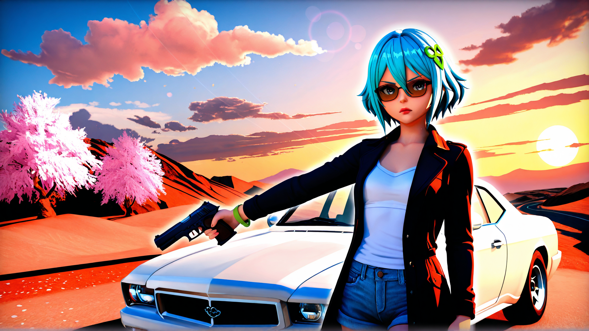 AI generated wallpaper featuring woman, gun, car, tree, sunset