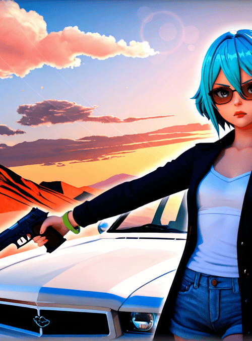 woman, gun, car, tree, sunset