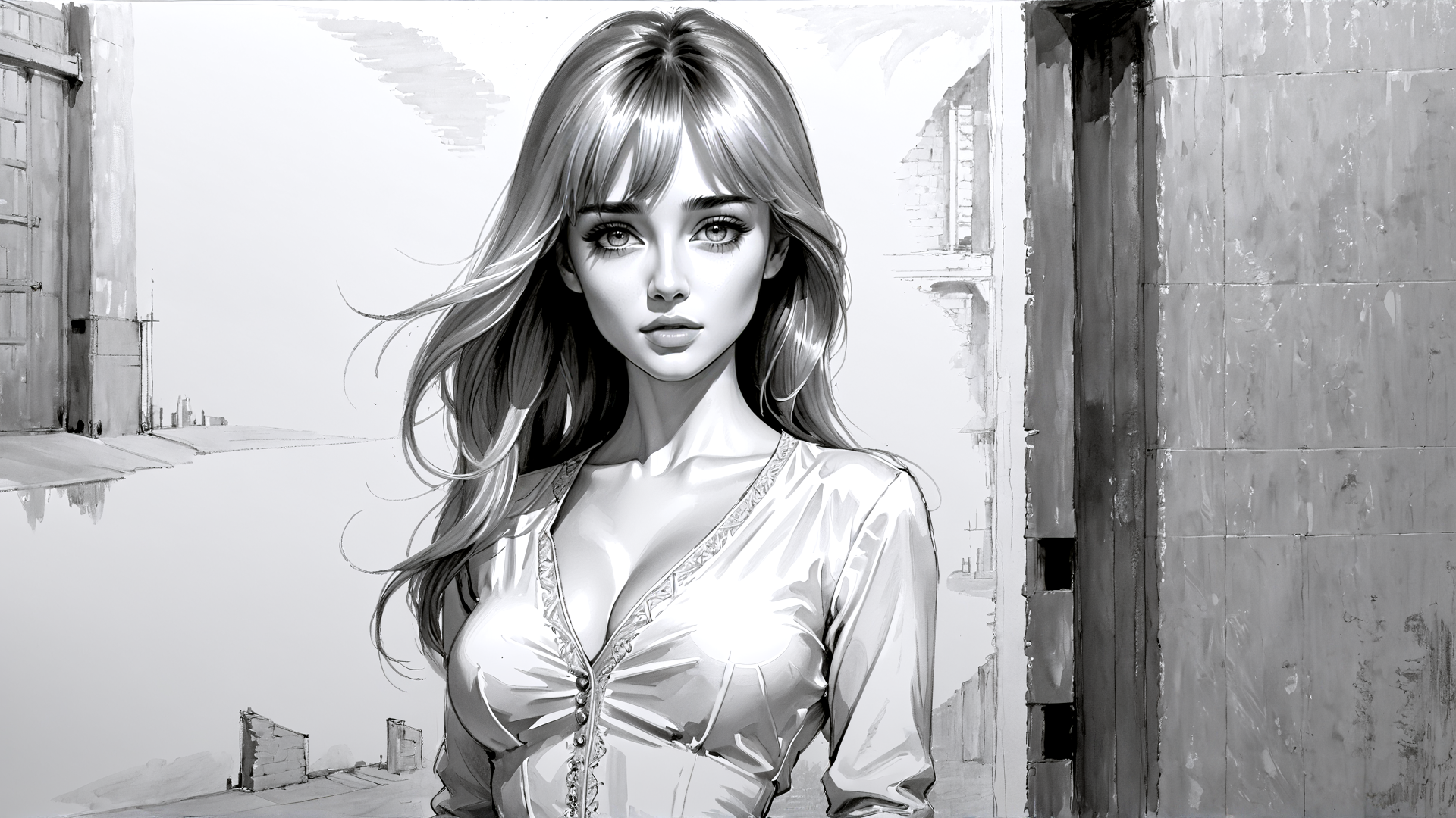 AI generated wallpaper featuring woman, hair, dress, alley, building