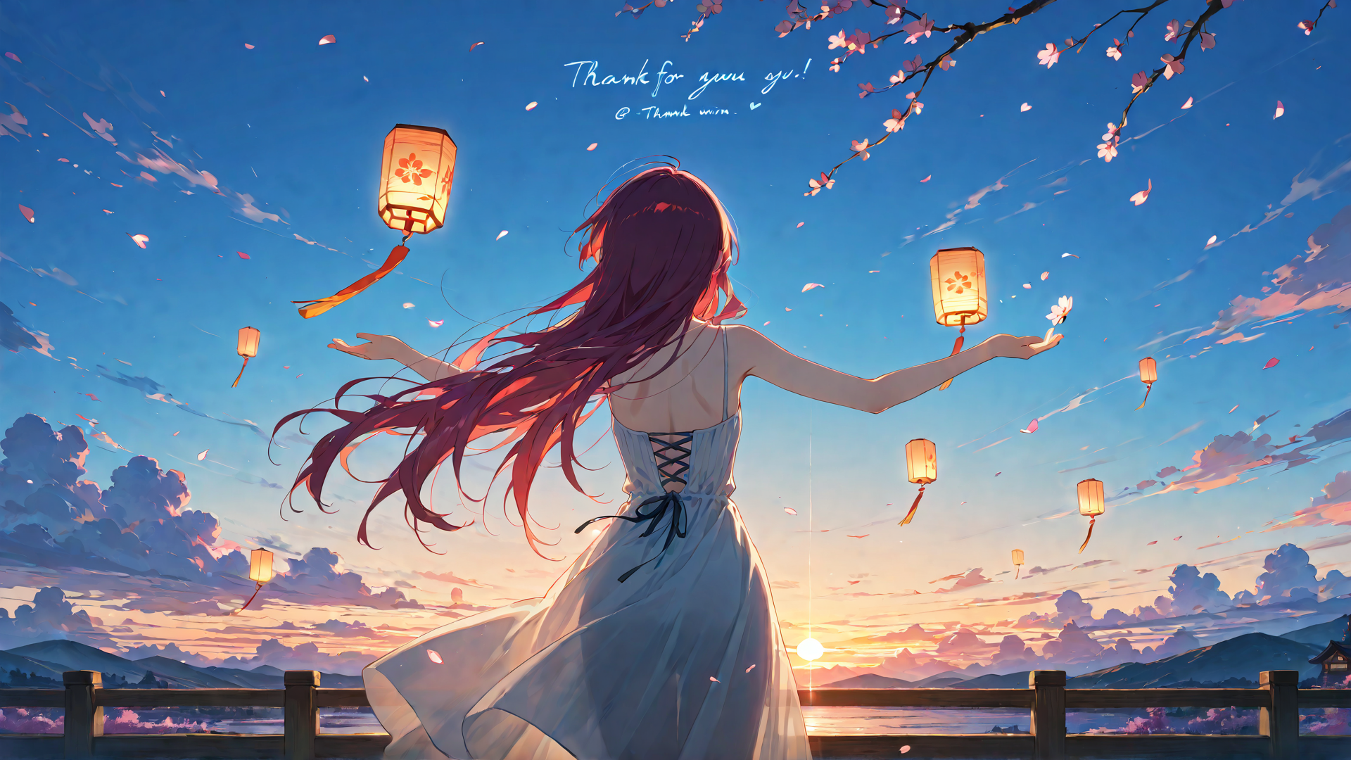 AI generated wallpaper featuring girl, lanterns, cherry blossoms