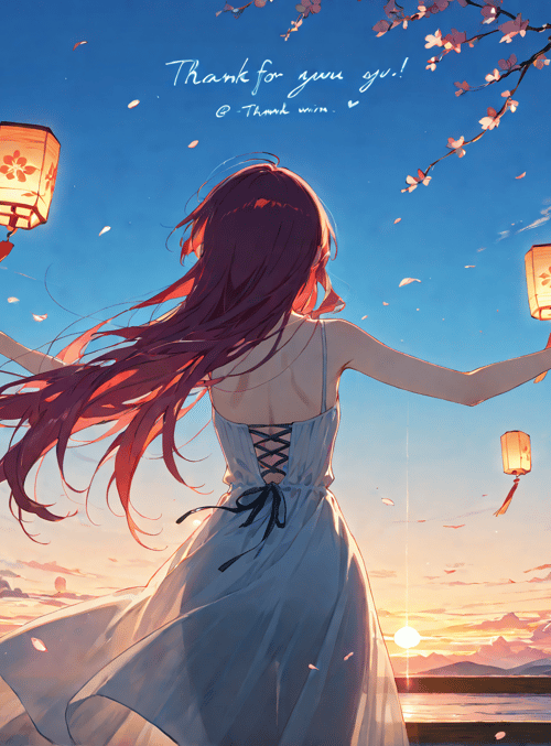 girl, lanterns, cherry blossoms
