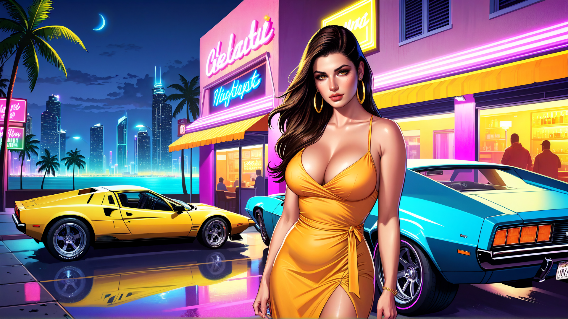 AI generated wallpaper featuring woman, cars, neon, cityscape, palm trees