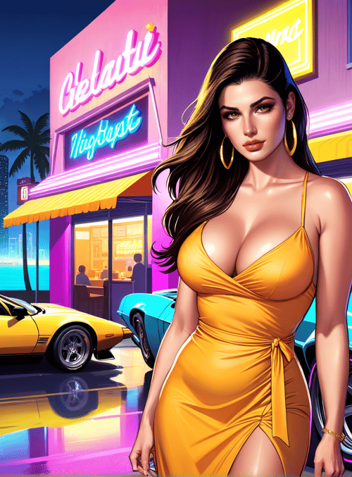 woman, cars, neon, cityscape, palm trees