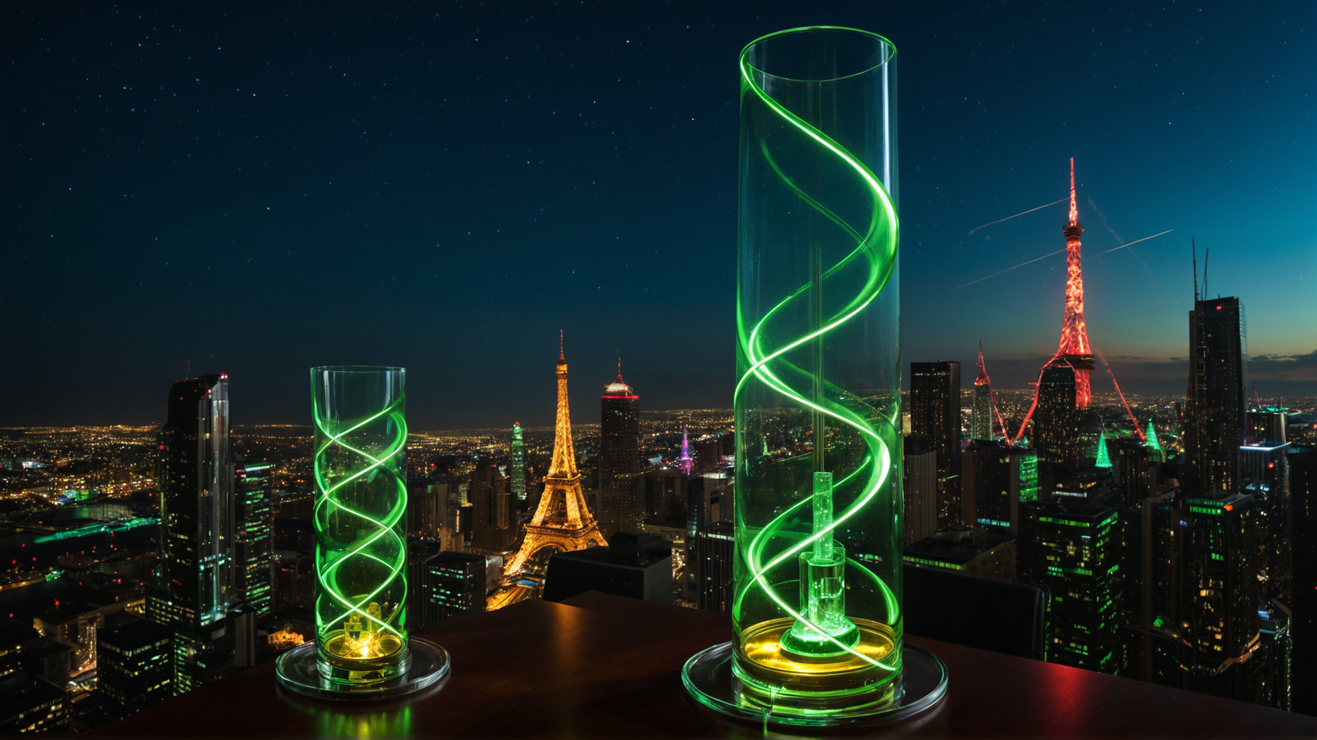 AI generated wallpaper featuring glass, cityscape, eiffel tower, tower, light
