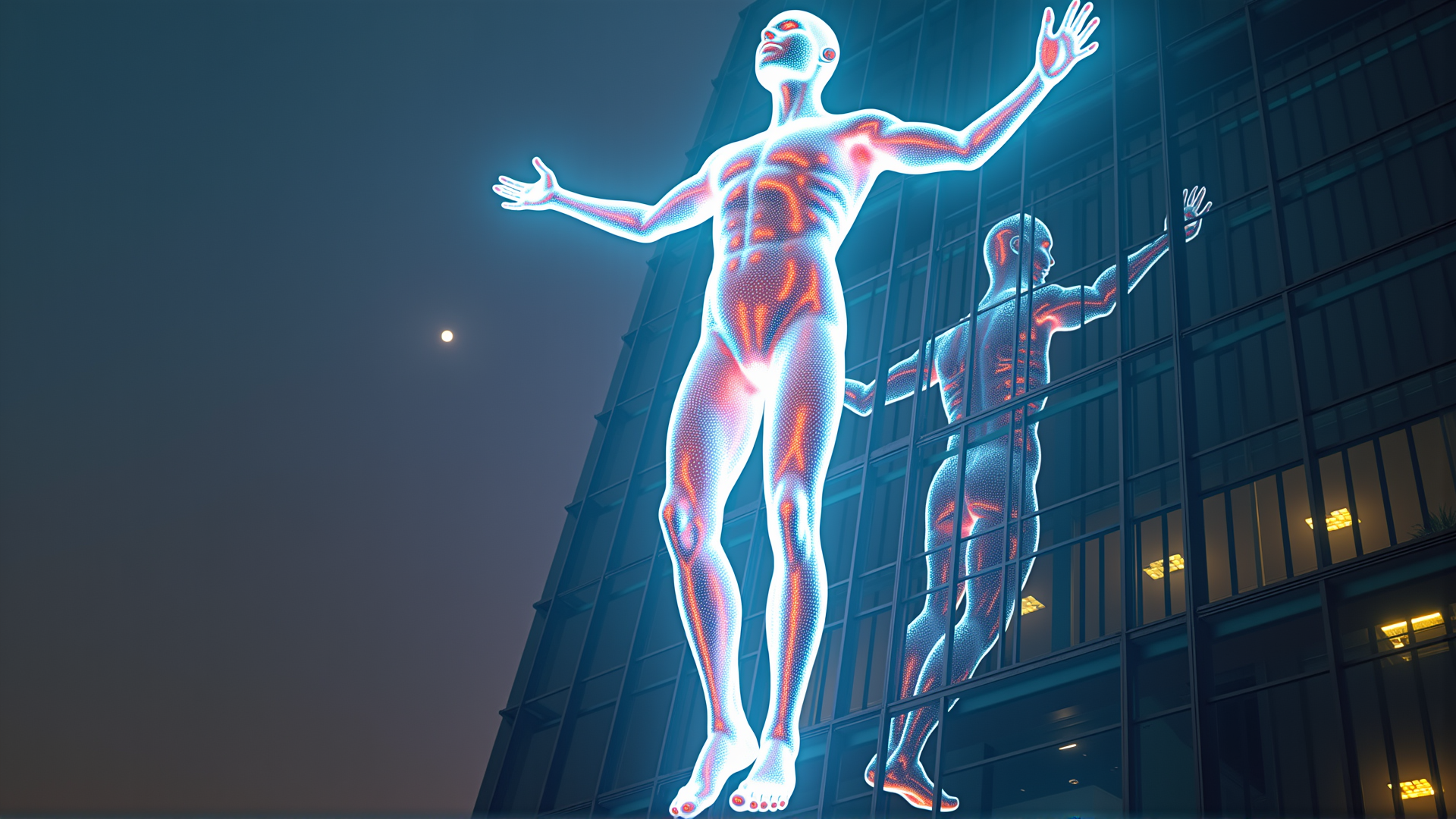 AI generated wallpaper featuring human, silhouette, digital, building, reflection