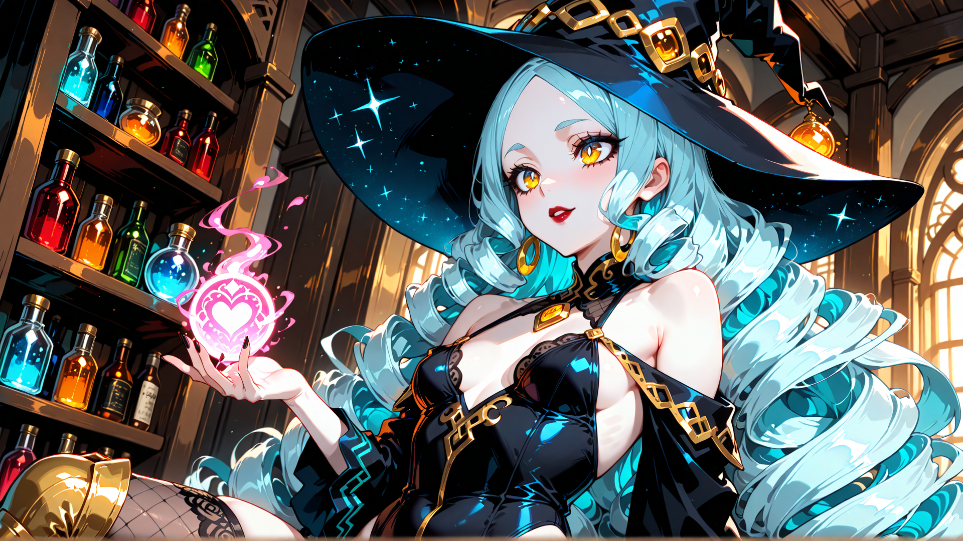 AI generated wallpaper featuring witch, bottle, heart, hat, hair, pendant