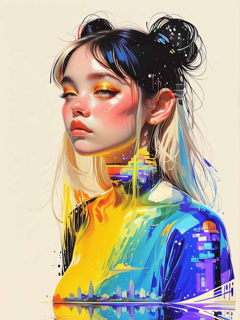 AI generated wallpaper featuring girl, cityscape, portrait, hair, city