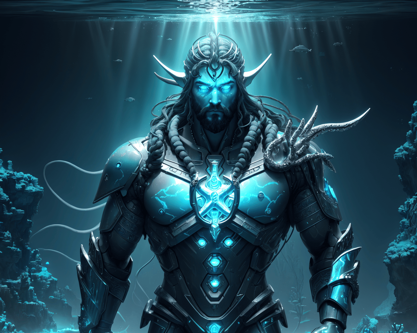 AI generated wallpaper featuring god, ocean, armor