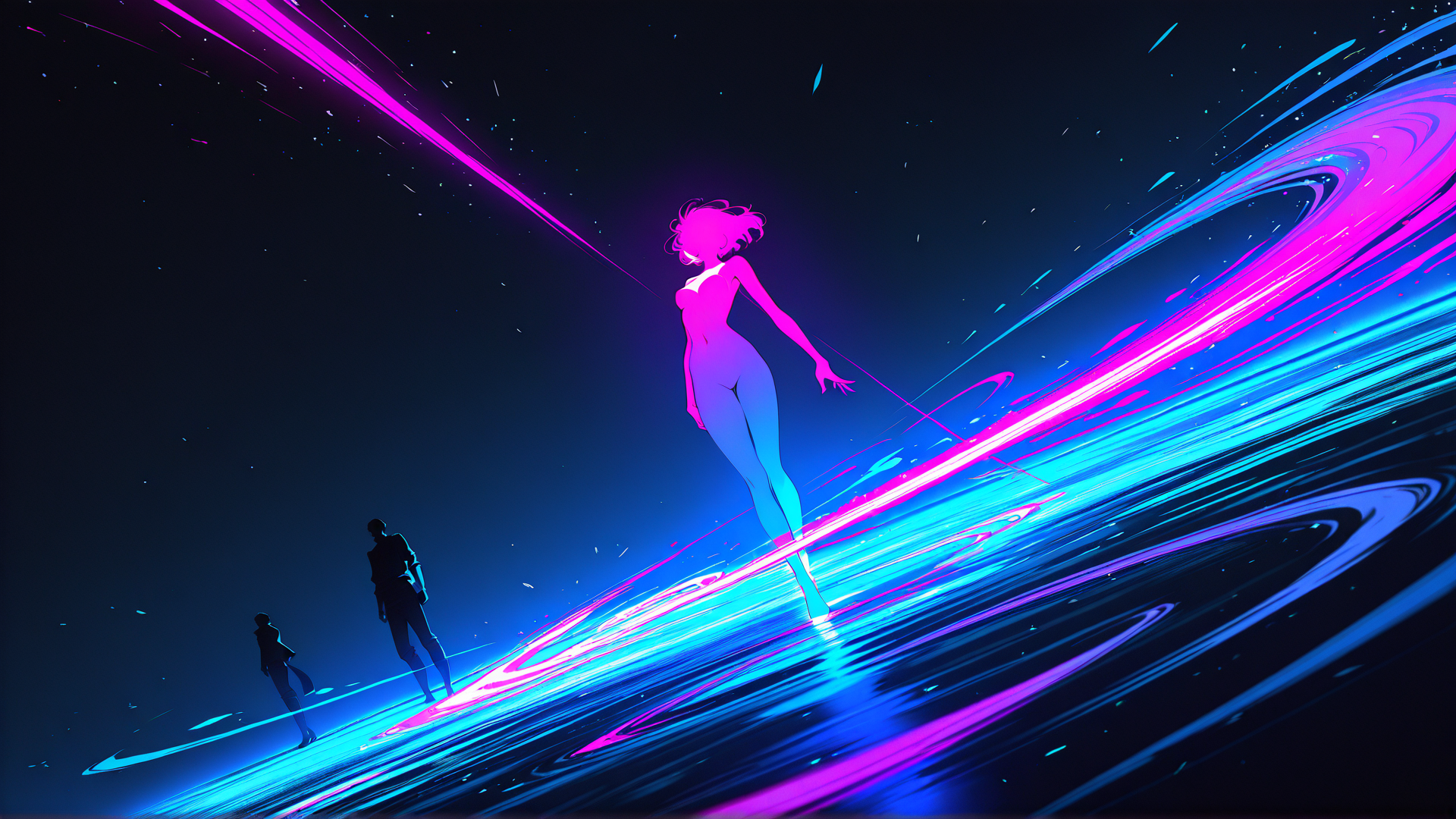 AI generated wallpaper featuring silhouette, human, neon, light, galaxy