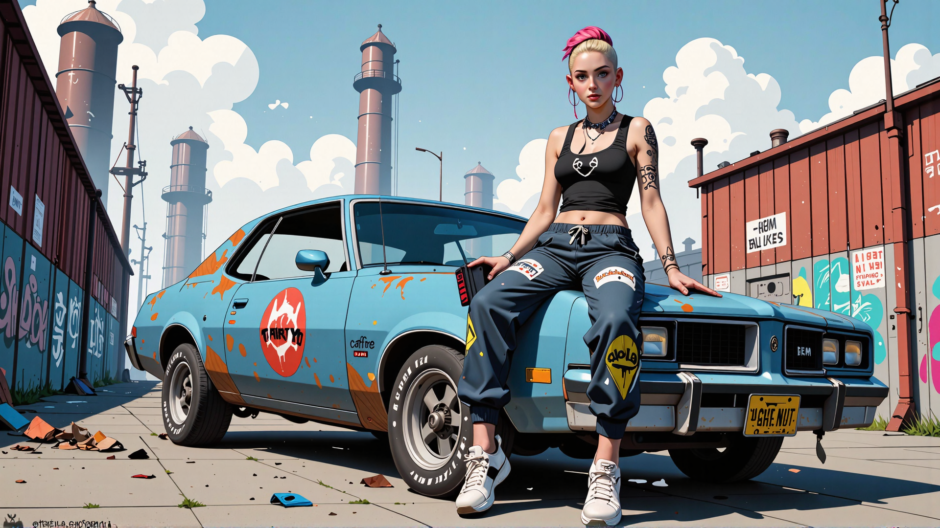 AI generated wallpaper featuring girl, car, graffiti, industrial, street
