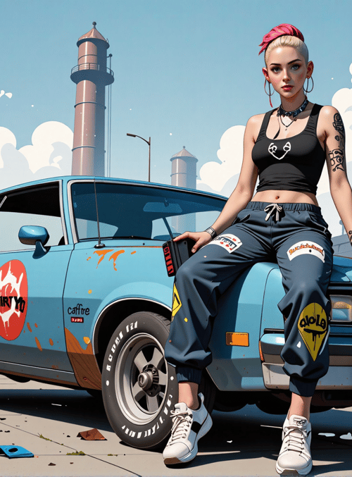 girl, car, graffiti, industrial, street