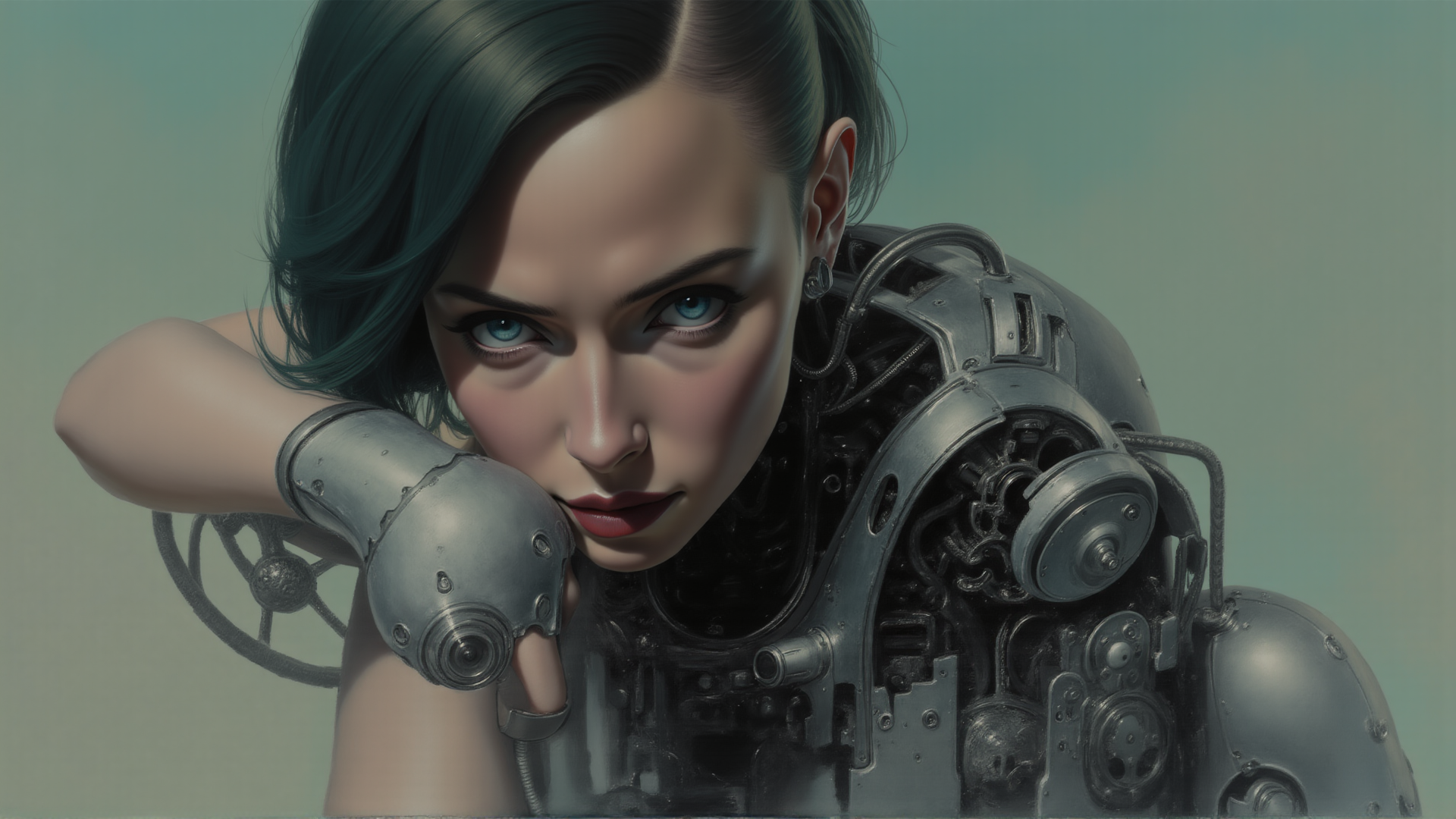 AI generated wallpaper featuring cyborg, woman, robot, mechanical, arm, gaze, ear, hair, sleeve, glasses