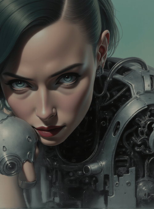 cyborg, woman, robot, mechanical, arm, gaze, ear, hair, sleeve, glasses