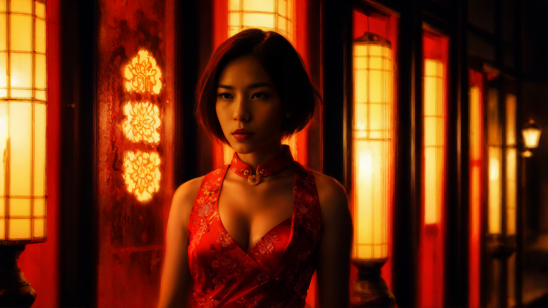 AI generated wallpaper featuring woman, dress, lantern