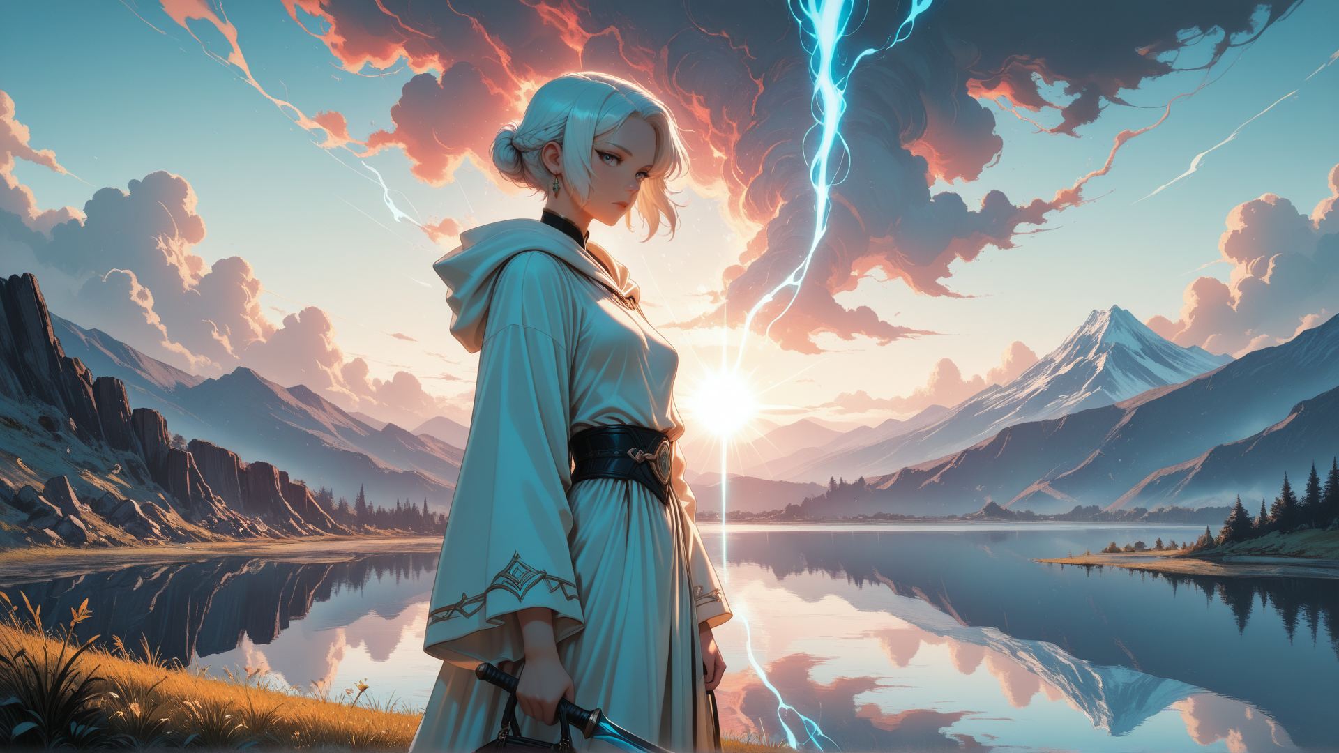 AI generated wallpaper featuring woman, sword, mountain, lake, cloud, sun, lightning, grass, tree, cape