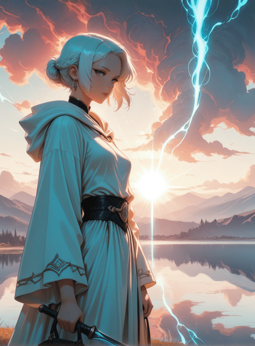 woman, sword, mountain, lake, cloud, sun, lightning, grass, tree, cape
