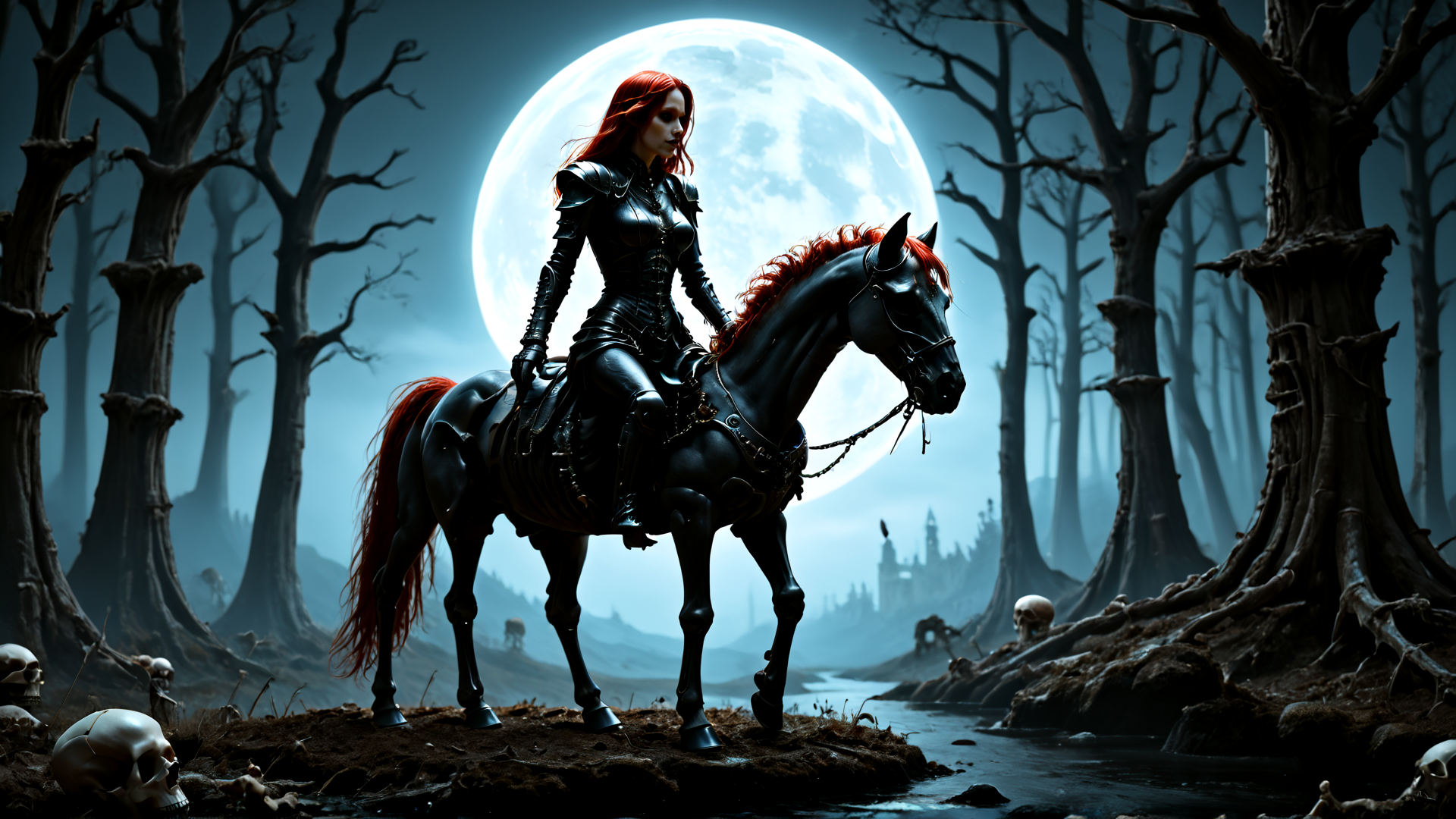 AI generated wallpaper featuring woman, horse, forest, moon, skull