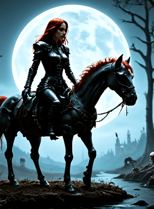 woman, horse, forest, moon, skull