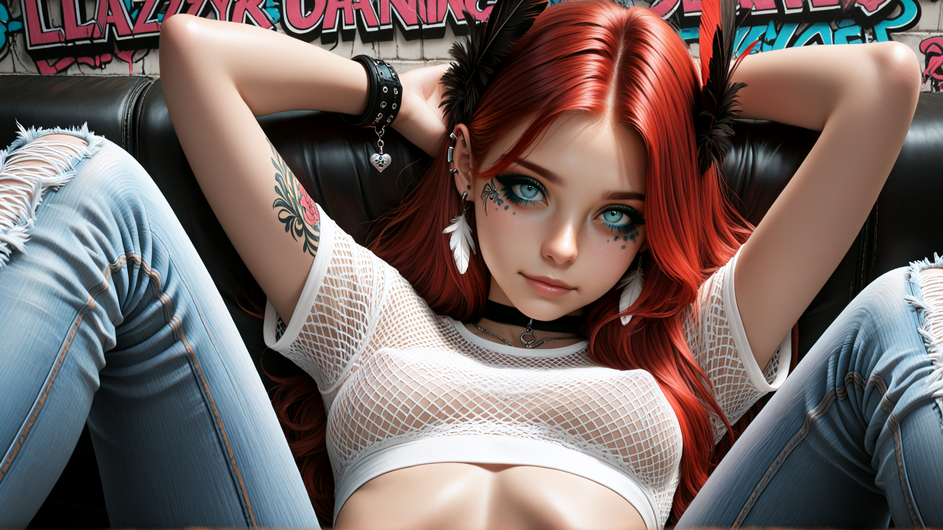 AI generated wallpaper featuring woman, red hair, tattoo, feathers, mesh top, jeans, choker, earrings, graffiti, sunglasses