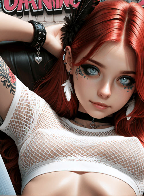 woman, red hair, tattoo, feathers, mesh top, jeans, choker, earrings, graffiti, sunglasses