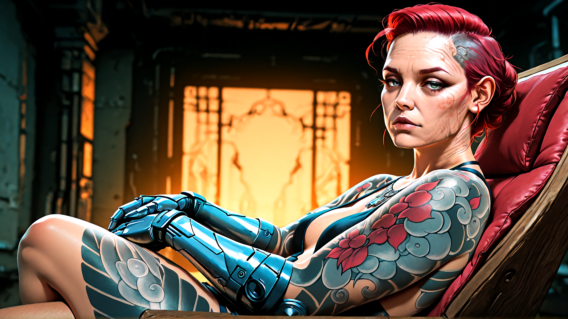 AI generated wallpaper featuring cyborg, woman, tattoo, mechanical arm, red hair