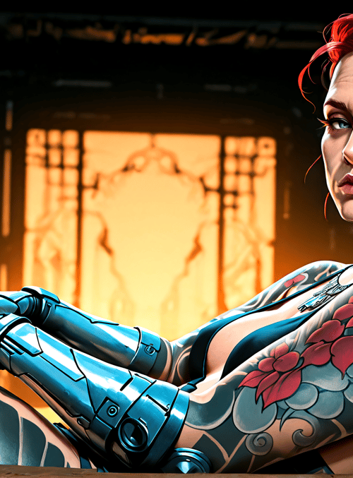 cyborg, woman, tattoo, mechanical arm, red hair