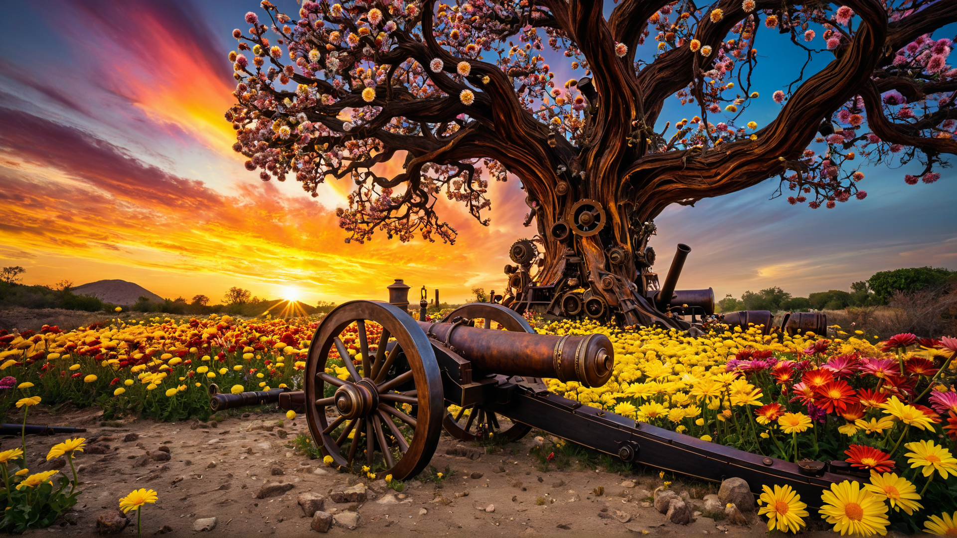 AI generated wallpaper featuring tree, cannon, flowers, sunset, gears