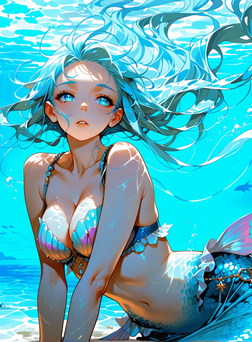 mermaid, fish, coral, seashell, starfish, underwater, sunlight, ocean, bubbles, mermaid tail