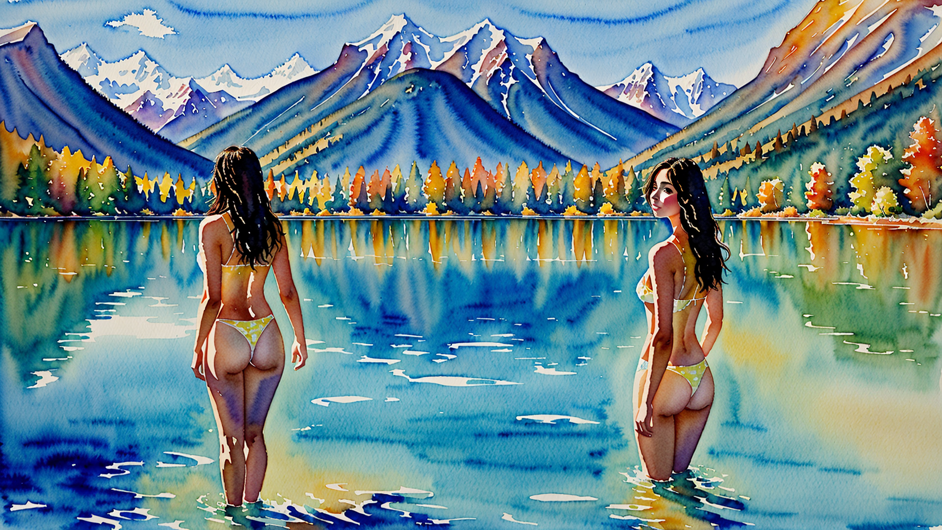 AI generated wallpaper featuring women, lake, mountains