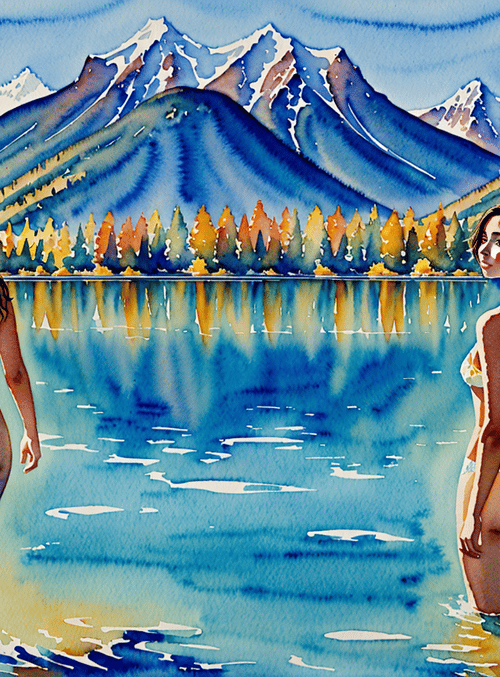 women, lake, mountains