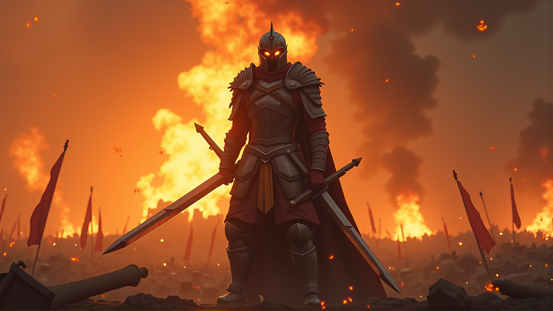 AI generated wallpaper featuring knight, armor, swords, flags, fire, smoke, battlefield, cannon, cape, helmet