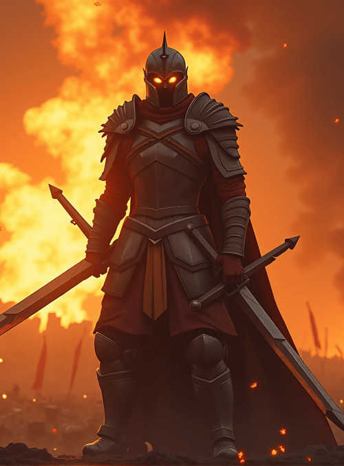 knight, armor, swords, flags, fire, smoke, battlefield, cannon, cape, helmet