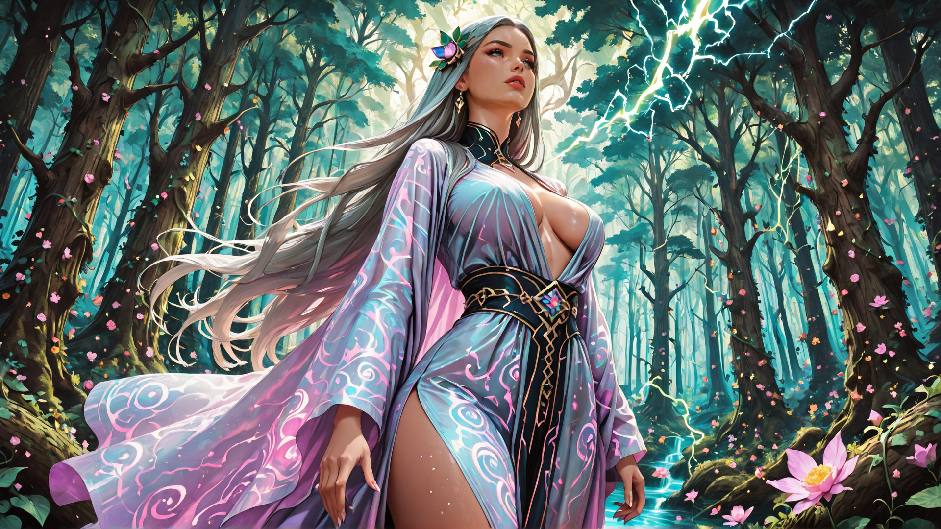 AI generated wallpaper featuring woman, forest, trees, flowers, lightning