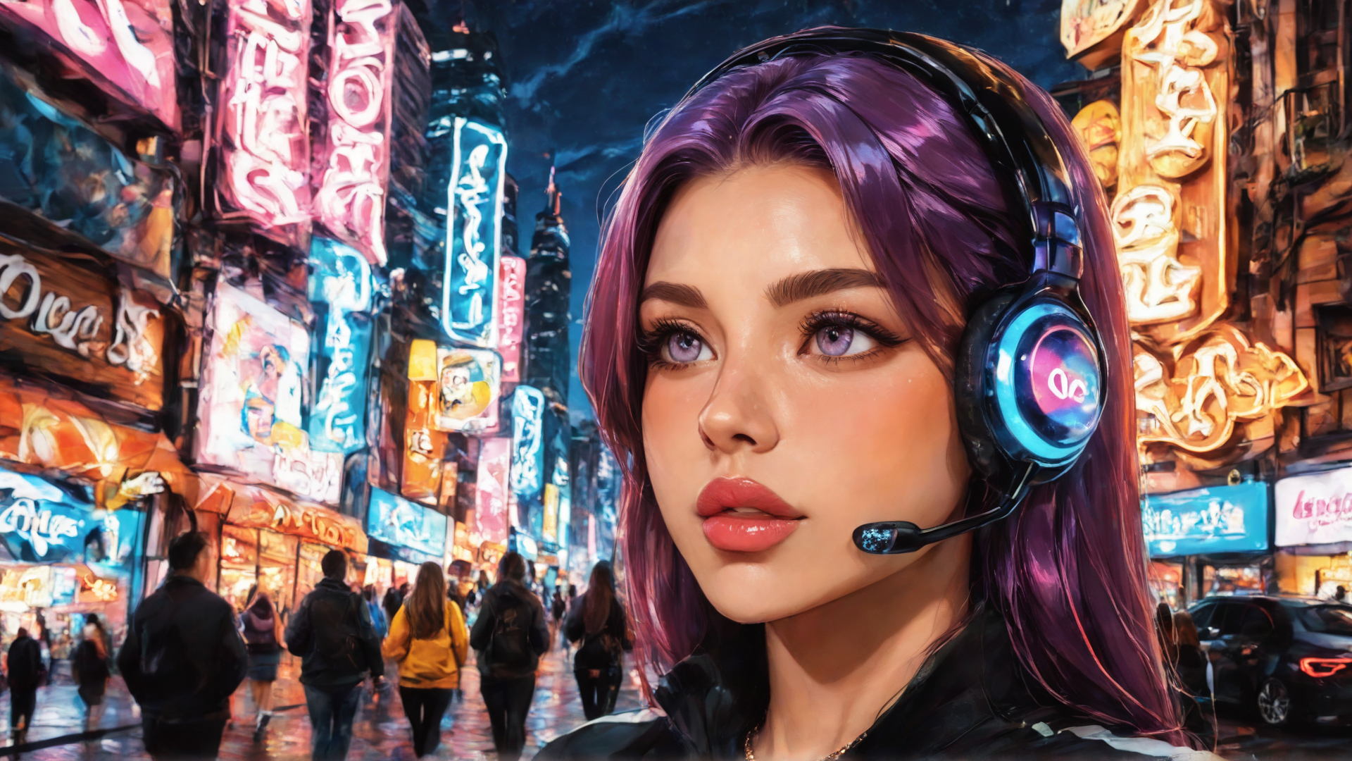 AI generated wallpaper featuring woman, headphones, city, neon, signs, street, people, buildings, headset, purple