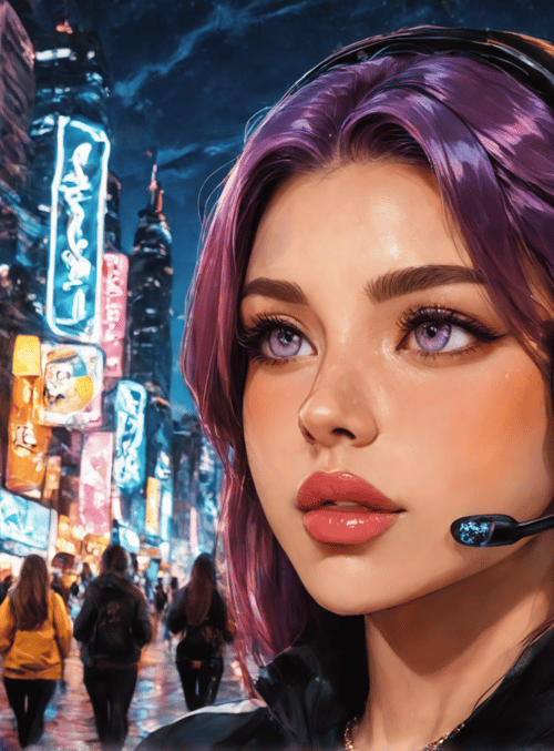 woman, headphones, city, neon, signs, street, people, buildings, headset, purple