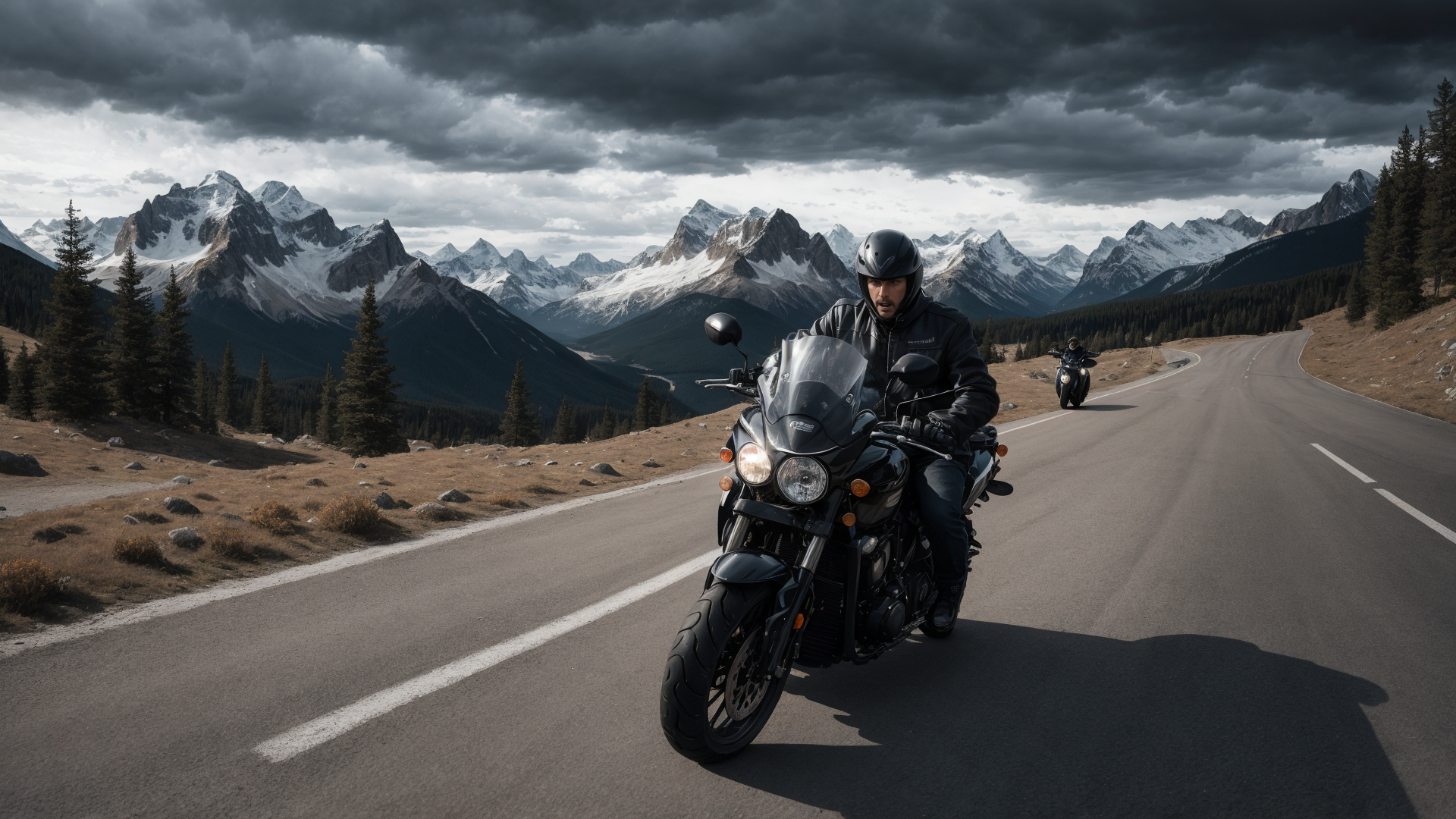 AI generated wallpaper featuring motorcycle, rider, mountains