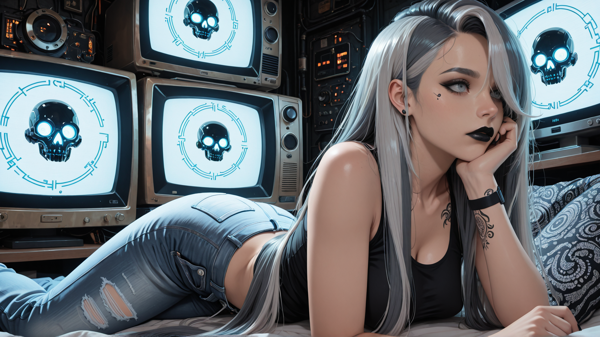 AI generated wallpaper featuring woman, skull, television, tattoo, jeans, bed