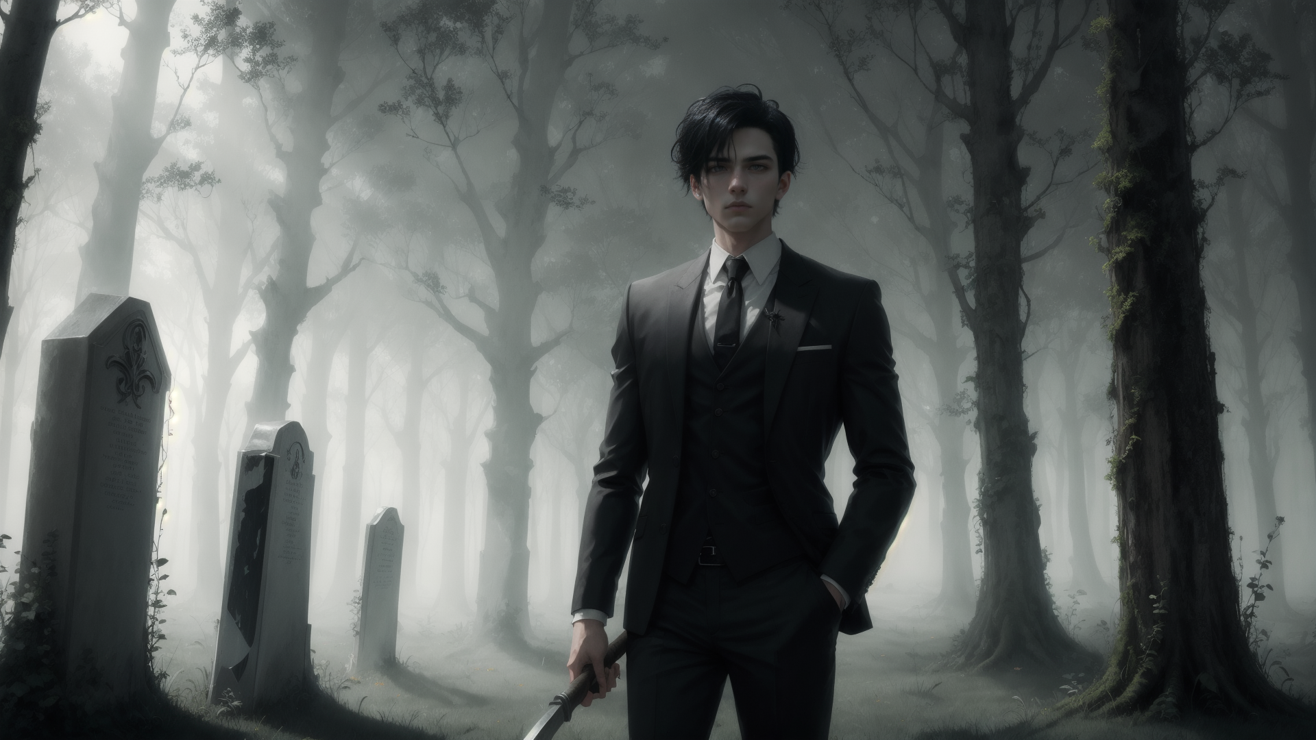 AI generated wallpaper featuring man, gravestone, sword
