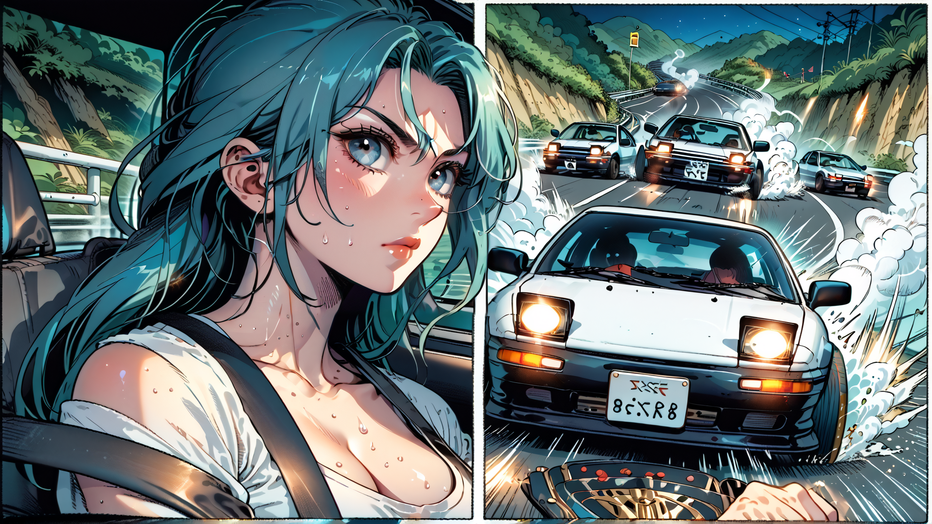 AI generated wallpaper featuring girl, car, race, road, wet, sweat