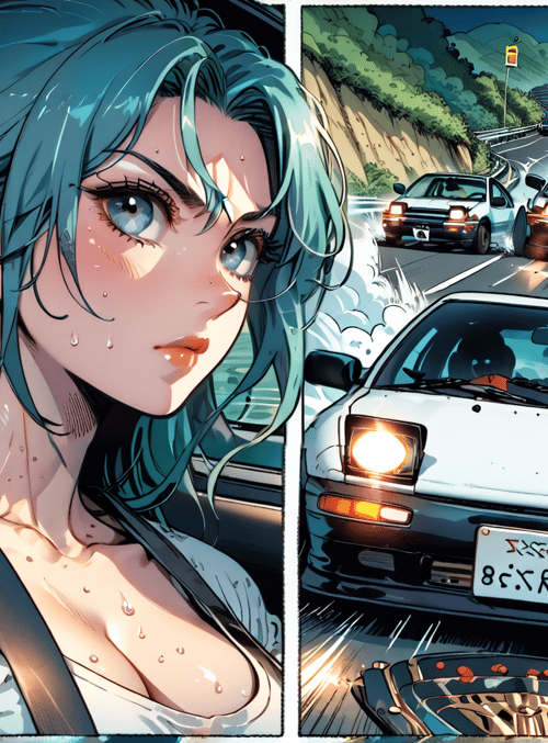 girl, car, race, road, wet, sweat