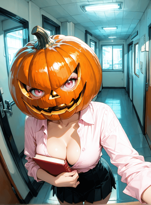 pumpkin, woman, book, corridor, door