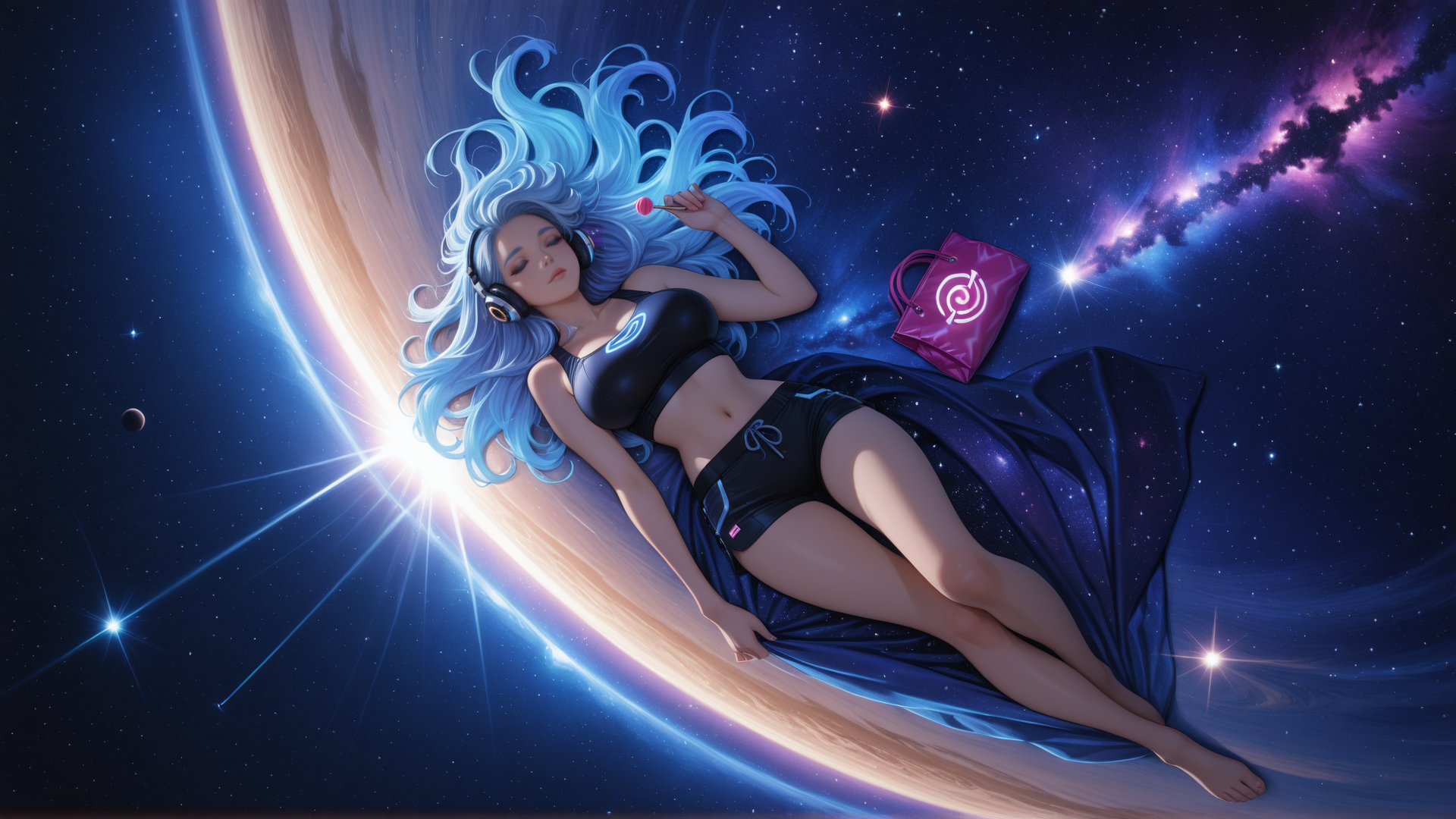 AI generated wallpaper featuring woman, space, hair, headphones, lollipop, bag, planet, galaxy, stars, fabric