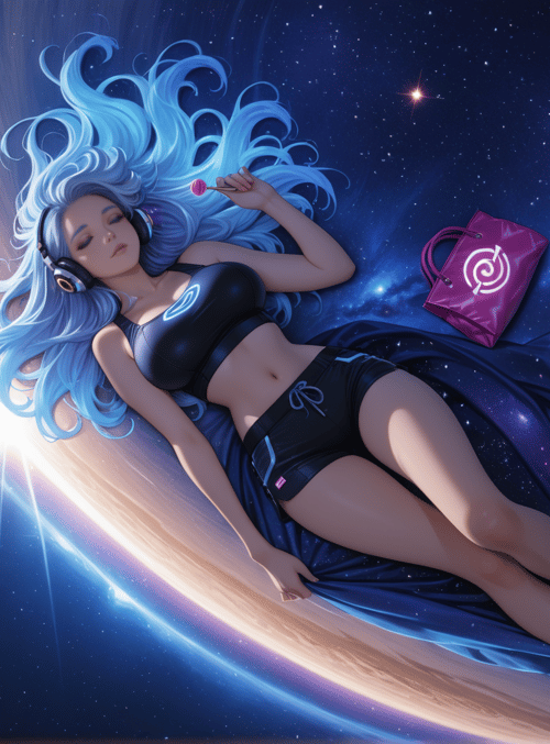 woman, space, hair, headphones, lollipop, bag, planet, galaxy, stars, fabric
