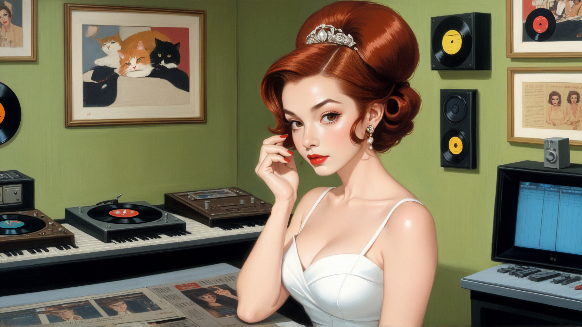 AI generated wallpaper featuring woman, records, cats, keyboard, tropical