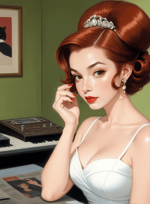 woman, records, cats, keyboard, tropical