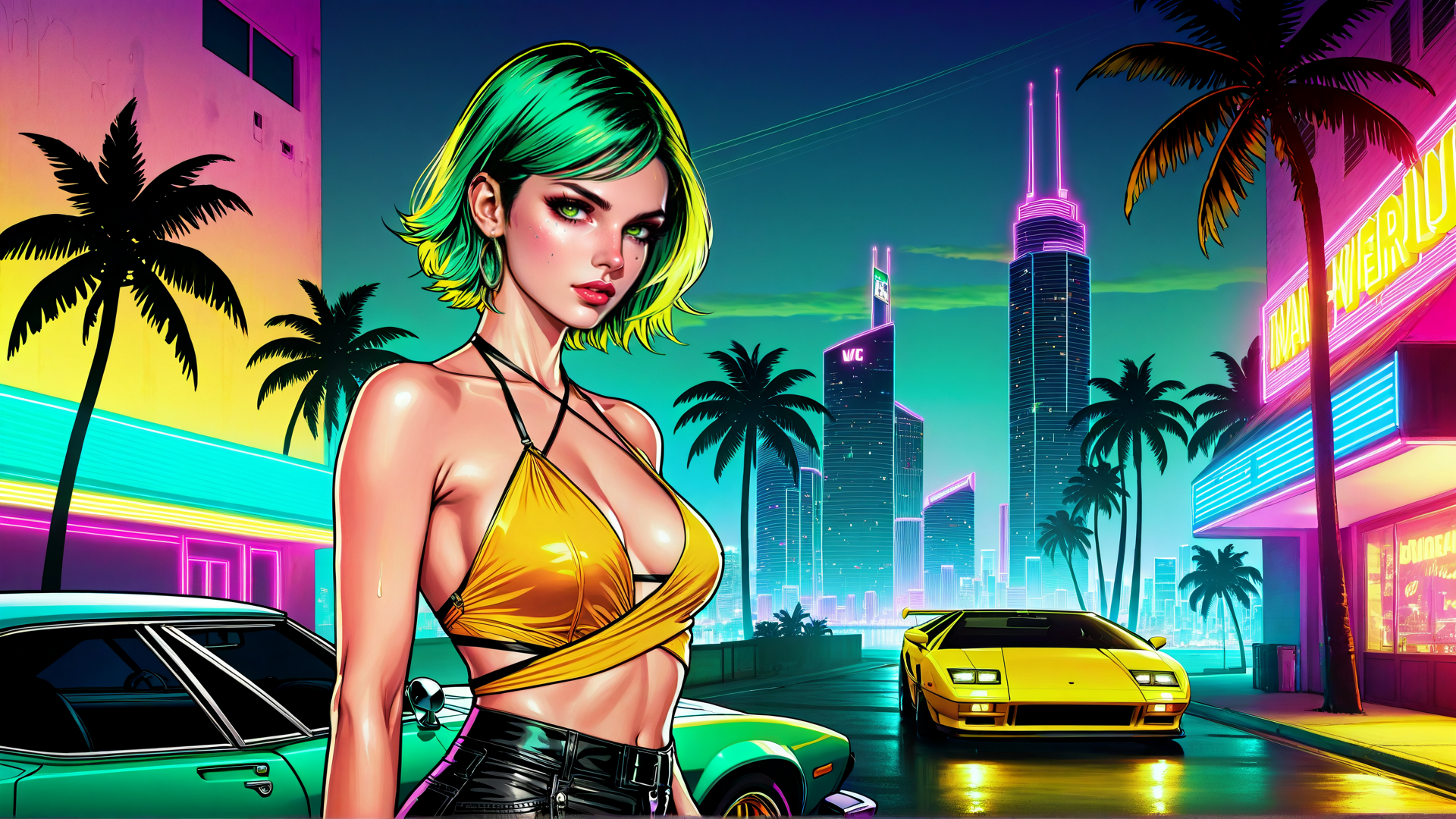 AI generated wallpaper featuring woman, palm tree, car, cityscape, neon sign